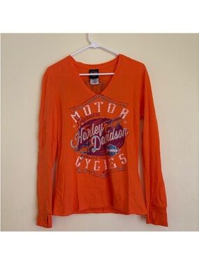 Harley-Davidson Orange V-Neck Tee with Black Logo Tag